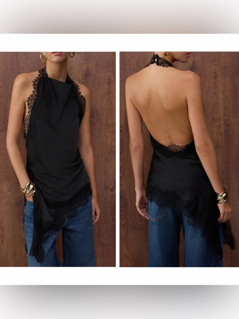 Trafza Black Satin Asymmetrical Halter Cowl Neck Top